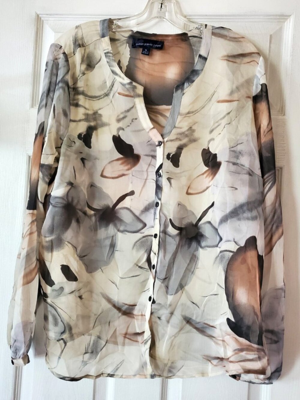VINTAGE SUSAN GRAVER STYLE SHEER WATERCOLOR FLORAL BUTTON UP BLOUSE SIZE XL NWOT